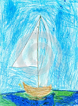 Childs Drawing of Sailboat, Oil Pastels photo