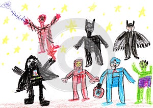 Childs drawing of a team of superheroes in a mask