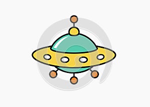 Childs drawing UFO icon, unknow flying object cartoon linear illustration for children coloring book, simple child