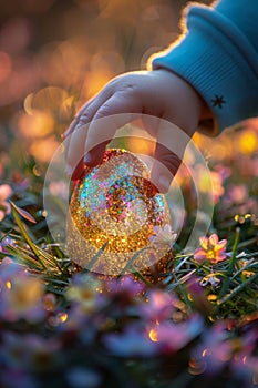 Childs Hand Holding Easter Egg in Field of Flowers