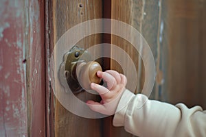 childs hand reaching for a wooden door handle