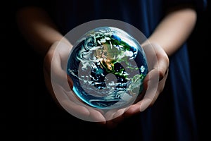 Childs hands holding earth global over blurred background. Generative AI