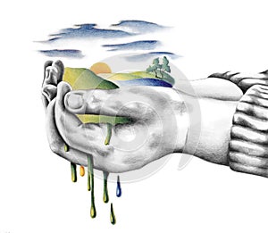 Childs Hands holding world and nature pencil illustration