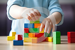 childs hands manipulating toy building blocks