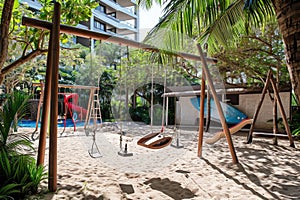 Childs Play Area With Swings and Slide, Fun and Safe Outdoor Playground for Kids, A beach-side playground with swings, sand play