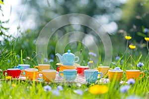 childs tea set arranged on a meadow for a pretend play