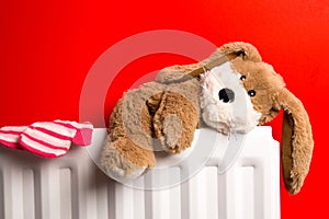 Childs teddy bear and mittens on a bedroom radiator