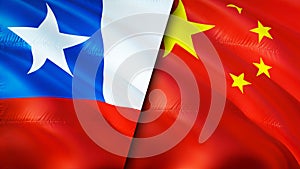 Chile and China flags. 3D Waving flag design. Chile China flag, picture, wallpaper. Chile vs China image,3D rendering. Chile China