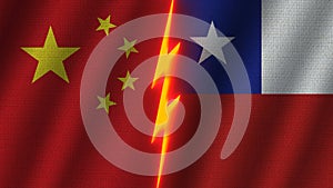 Chile and China Flags Together, Fabric Texture, Neon Effect, Thunder Icon, 3D Illustration