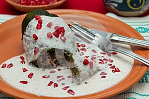 Chile en Nogada is a traditional mexican dish. Poblano pepper stuffed
