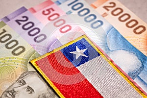 Chile finances, Chilean pesos and the Chilean flag, Economics and fiscal policy of Chile, Flat lay, Financial and business concept