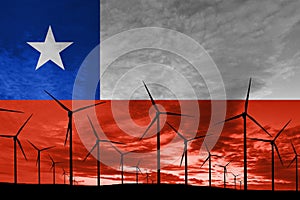 Chile flag wind farm at sunset, sustainable development, renewable energy