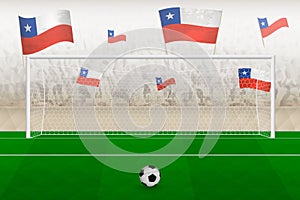 Chile football team fans with flags of Chile cheering on stadium, penalty kick concept in a soccer match