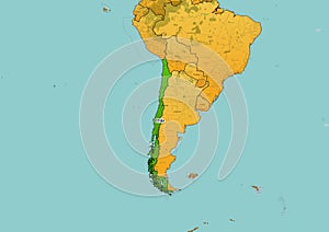 Chile map showing country highlighted in green color with rest of South America countries in brown