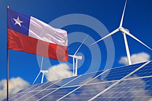Chile renewable energy, wind and solar energy concept with windmills and solar panels - renewable energy - industrial illustration
