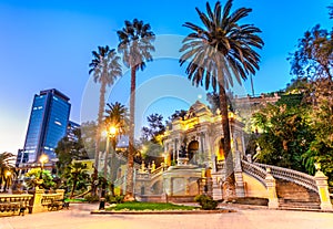 Chile, Santiago night view Neptune Fountain,Santa Lucia Hill