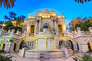 Chile, Santiago night view Neptune Fountain,Santa Lucia Hill photo