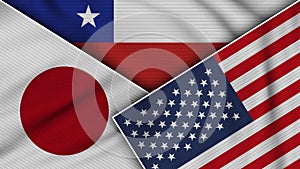 Chile United States of America Japan Flags Together Fabric Texture Illustration