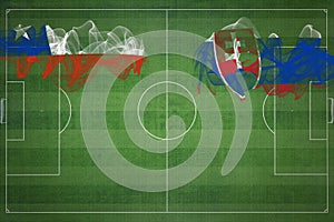 Čile vs slovensko futbalový zápas, národné farby, národné vlajky, futbalové ihrisko, futbalový zápas, kopírovať priestor