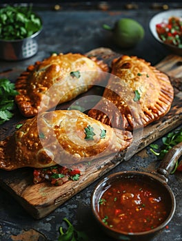 Chilean empanadas on a rustic wooden board, with a side of pebre sauce. A traditional and flavorful dish from Chile. photo