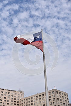 Chilean Flag on a flagpole Bandera del Bicentenario in Santiago Chile