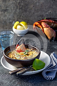 CHILEAN FOOD. Baked crabmeat crab meat with cheese, cream and bread. Traditional dish of chilean coast. Pastel o chupe