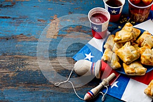 Chilean independence day concept. fiestas patrias. Chilean typical dish and drink on independence day party, 18