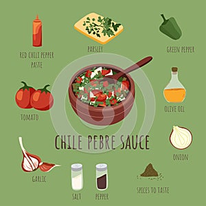 Chilean pebre sauce ingredients. Mixed tomato, green pepper, onion, garlic, spices and greens. latin american cuisine photo