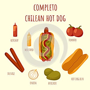 Chilean style hot dog completo ingredients. Popular latin american street food filled with tomato, avocado paste and onion photo