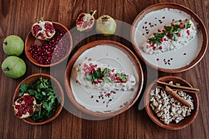 Chiles en Nogada and ingredients, Chile Poblano traditional Mexican Food in Puebla Mexico photo