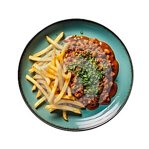 Chili Cheese Fries On Blue Smooth Round Plate On Isolated Transparent Background U.S. Dish. Generative AI