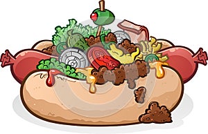 Chili Cheese Hot Dog With Toppings Cartoon photo