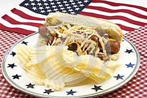 Chili and Cheese Hotdog with American Flag