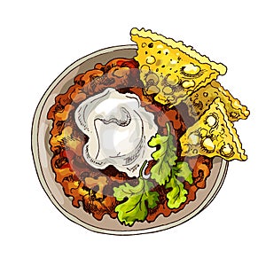 Chili con carne in bowl - mexican traditional food. Vector vintage hatching photo