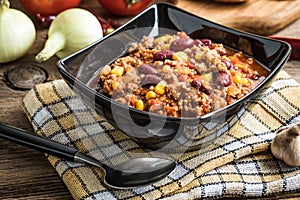 Chili con carne in a bowl.