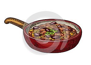 Chili con carne in pan - mexican traditional food. Vector engraving photo