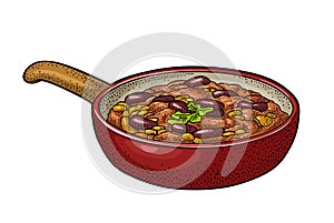 Chili con carne in pan - mexican traditional food. Vector engraving photo