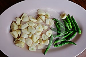 Chili and garlic, vegetable side dish set with pork leg strew