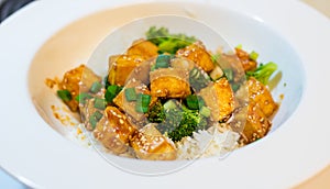Chili honey tofu with rice and broccoli