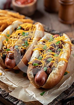 Chili hot dogs with shredded cheddar cheese and chopped green onions