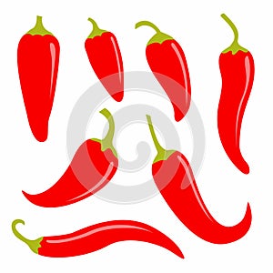 Chili hot pepper icon set. Fresh red chili cayenne peppers. Hot food spices. Flat design. White background. Isolated