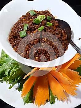 Chili paste with vegetables. Northern Thai Green Chilli Dip. Nam Prik Num