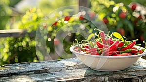 chili pepper in a bowl in a white bowl on a wooden table. Selective focus