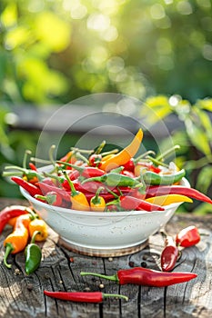 chili pepper in a bowl in a white bowl on a wooden table. Selective focus