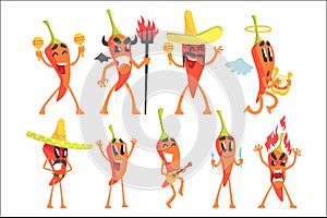 Chili Pepper Cartoon Character Emotion Illustrations Set photo