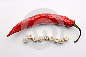 Chili pepper and cubes with word Impotency on white background, flat lay photo