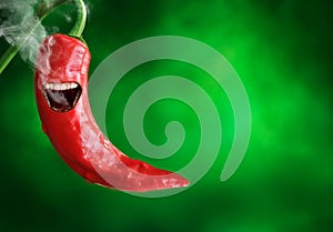 Chili pepper having a mouth with smoke coming out of it