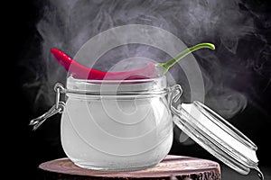 Chili pepper on a jar with smoke