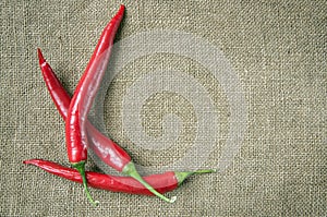 Chili pepper, paprika on sacking background