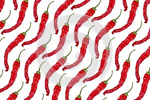 Chili pepper pattern background. Dried chilli peppers isolated on white